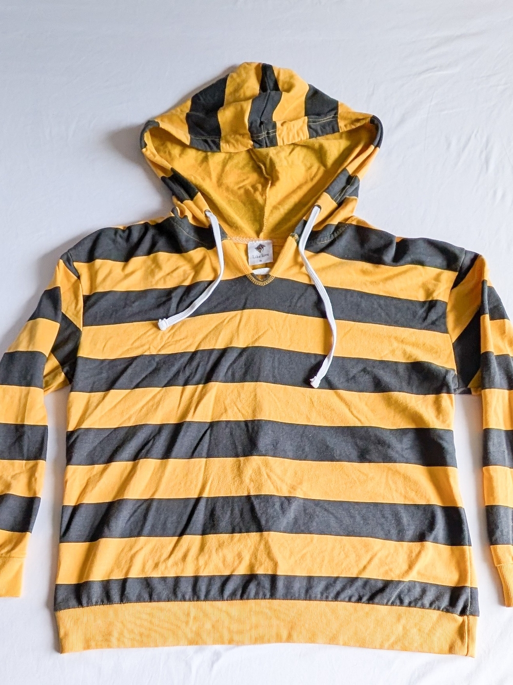 Like Love Yellow And Black Stripe Rugby Hoodie Lace Up Back Women's XL